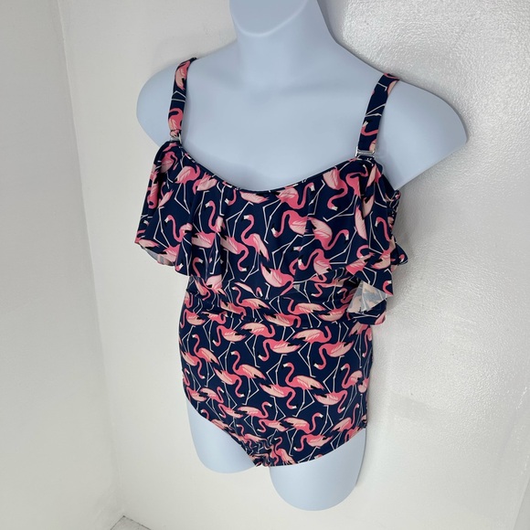 Eloquii Ruffle Off The Shoulder‎ Flamingo One piece Swimsuit Size 16W Beach - Picture 3 of 13